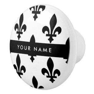 Fleur de Lis, Schwarz auf Weiß, Schwarz, Ihr Name Keramikknauf