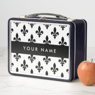 Fleur de Lis, Schwarz auf Weiß, Schwarz, Ihr Name Metall Brotdose