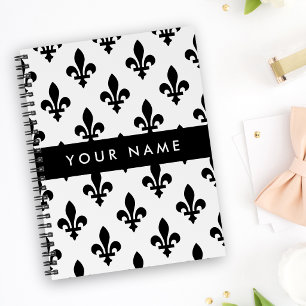 Fleur de Lis, Schwarz auf Weiß, Schwarz, Ihr Name Notizbuch