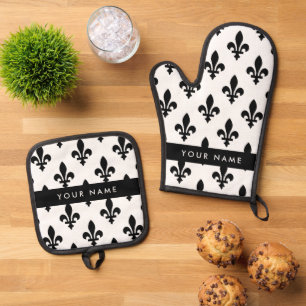 Fleur de Lis, Schwarz auf Weiß, Schwarz, Ihr Name Ofenhandschuh & Topflappen-Set