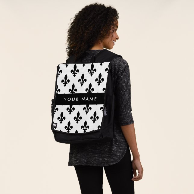 Fleur de Lis, Schwarz auf Weiß, Schwarz, Ihr Name Rucksack (Ausgewaschen)