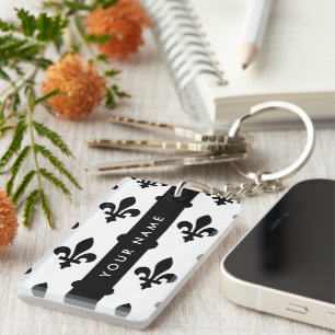 Fleur de Lis, Schwarz auf Weiß, Schwarz, Ihr Name Schlüsselanhänger