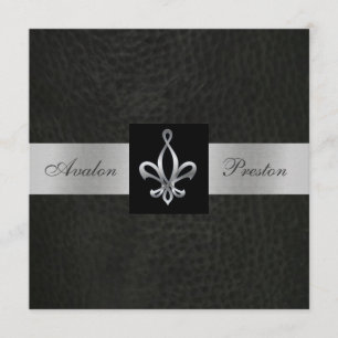 Fleur De Lis Schwarz Faux-Leder-Monogramm-Einladun Einladung