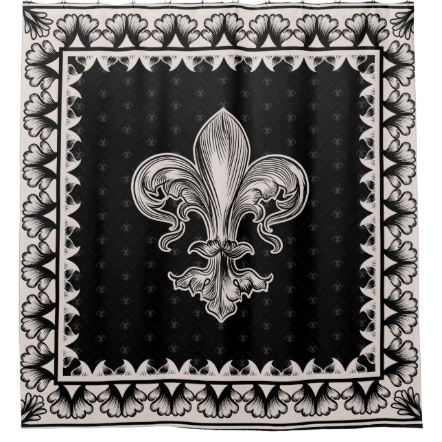 Fleur-de-lis - Schwarz und Creme Duschvorhang (Vorderseite)