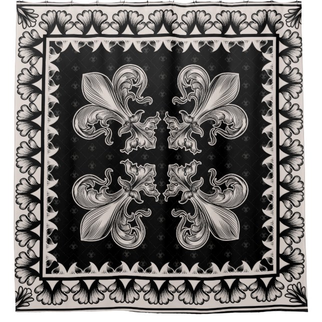 Fleur-de-lis - Schwarz und Creme Duschvorhang (Vorderseite)