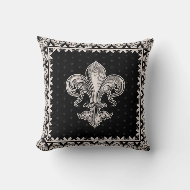 Fleur-de-lis - Schwarz und Creme Kissen (Vorderseite)