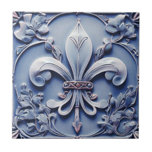 Fleur de Lis Vintage Antik Blau Faux Relief Fliese