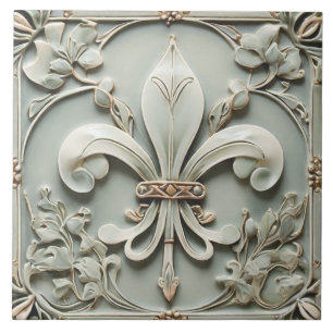 Fleur de Lis Vintage Antik Mint Faux-Relief Fliese