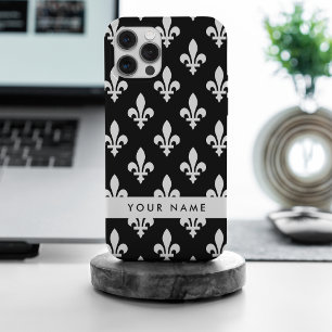 Fleur de Lis, Weiß auf Schwarz, Weiß, Ihr Name Case-Mate iPhone Hülle