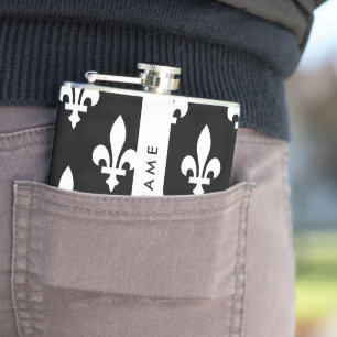 Fleur de Lis, Weiß auf Schwarz, Weiß, Ihr Name Flachmann