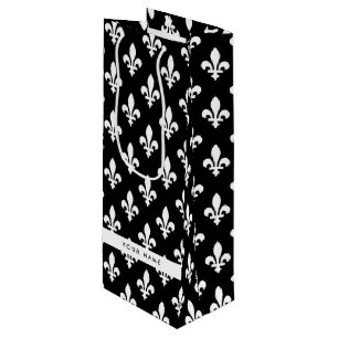 Fleur de Lis, Weiß auf Schwarz, Weiß, Ihr Name Geschenktüte Für Weinflaschen