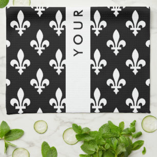Fleur de Lis, Weiß auf Schwarz, Weiß, Ihr Name Geschirrtuch