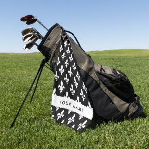Fleur de Lis, Weiß auf Schwarz, Weiß, Ihr Name Golfhandtuch