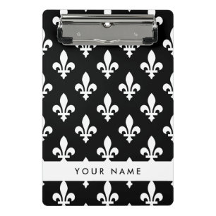Fleur de Lis, Weiß auf Schwarz, Weiß, Ihr Name Mini Klemmbrett