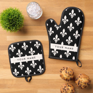 Fleur de Lis, Weiß auf Schwarz, Weiß, Ihr Name Ofenhandschuh & Topflappen-Set