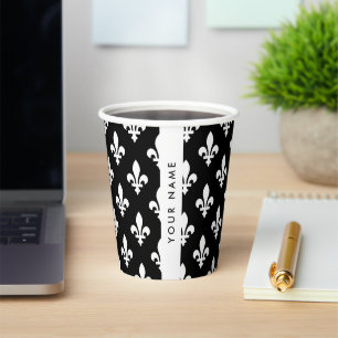 Fleur de Lis, Weiß auf Schwarz, Weiß, Ihr Name Pappbecher