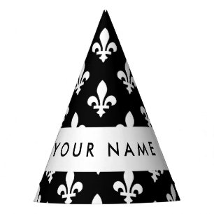 Fleur de Lis, Weiß auf Schwarz, Weiß, Ihr Name Partyhütchen