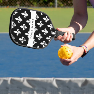 Fleur de Lis, Weiß auf Schwarz, Weiß, Ihr Name Pickleball Schläger