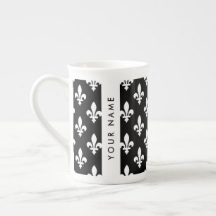 Fleur de Lis, Weiß auf Schwarz, Weiß, Ihr Name Prozellantasse
