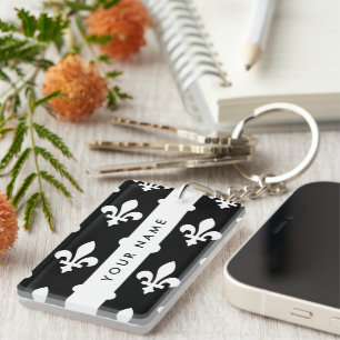 Fleur de Lis, Weiß auf Schwarz, Weiß, Ihr Name Schlüsselanhänger