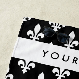 Fleur de Lis, Weiß auf Schwarz, Weiß, Ihr Name Strandtuch
