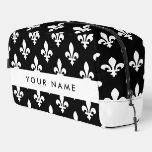 Fleur de Lis, Weiß auf Schwarz, Weiß, Ihr Name Waschbeutel