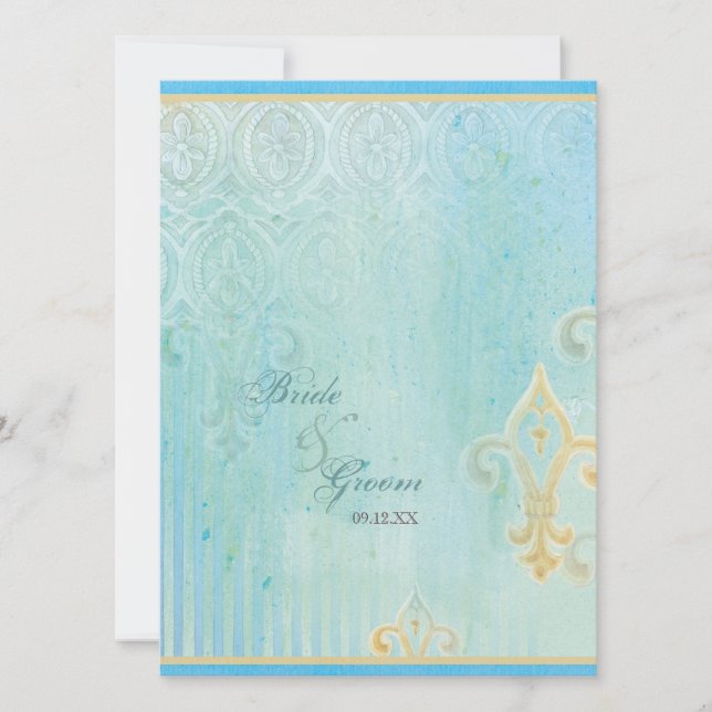 Fleur di Lys Damask 2 Blau - Einladung zur Hochzei (Vorderseite)