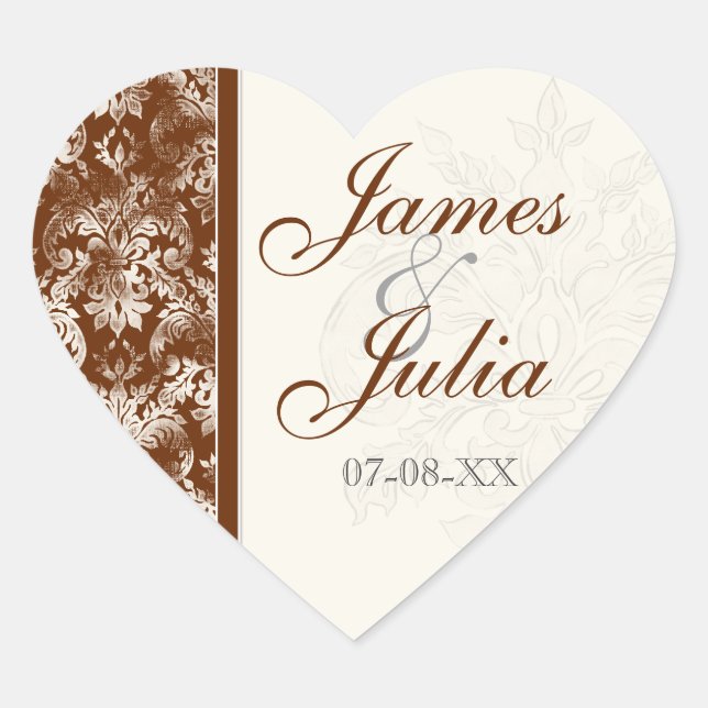 Fleur di Lys Damask - Brown Wedding Siegel Herz-Aufkleber (Vorderseite)