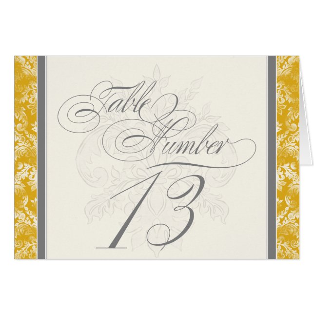 Fleur di Lys Damask Mustard Tischnummer 13 Cards (Vorderseite (Horizontal))
