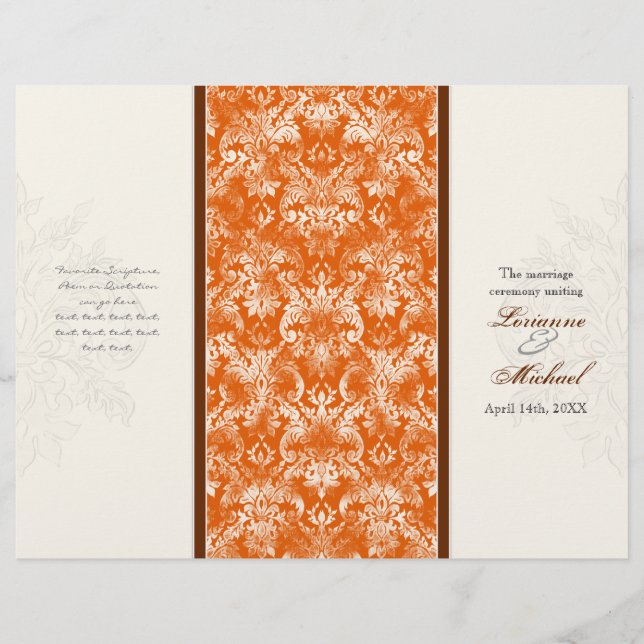 Fleur di Lys Damask Orange formales Hochzeitsprogr (Vorderseite)