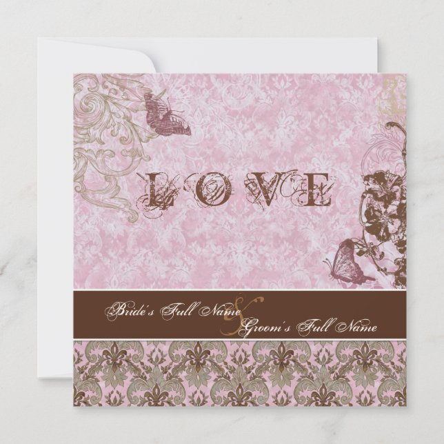 Fleur di Lys Damask Pink Brown Butterfly Wedding Einladung (Vorderseite)
