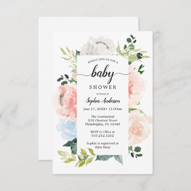 Fleur Jolie Hübsch Floral Baby Shower lädt ein Einladung (Vorne/Hinten)