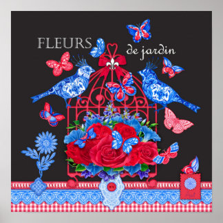 Fleur Porzellan Vögel und Vogelkäfig Poster 16 x 1