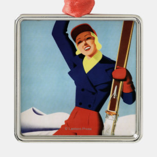 Flexibles Flyer Button-Oben Skifahren-Mädchen Silbernes Ornament