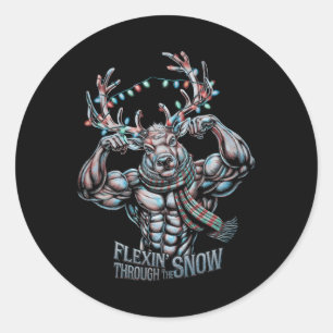 Flexin Through the Snow Funny Christmas Gym Workou Runder Aufkleber