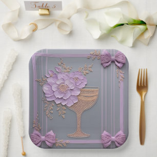 Flieder 3D-Effekt Blumen & Roségold-Spitze Pappteller
