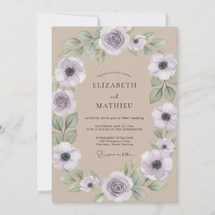 Flieder-Anemonen-Hochzeit in Beige Einladung
