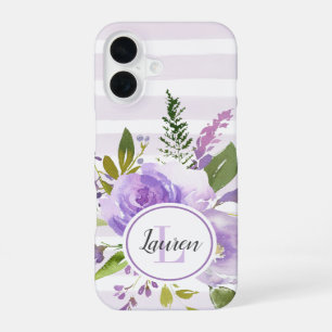 Flieder Blumen und Streifen Monogramm iPhone 16 Hülle