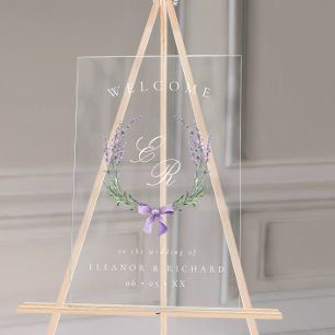Flieder-Blumenkranz & Schleife Monogramm Hochzeits Acrylschild