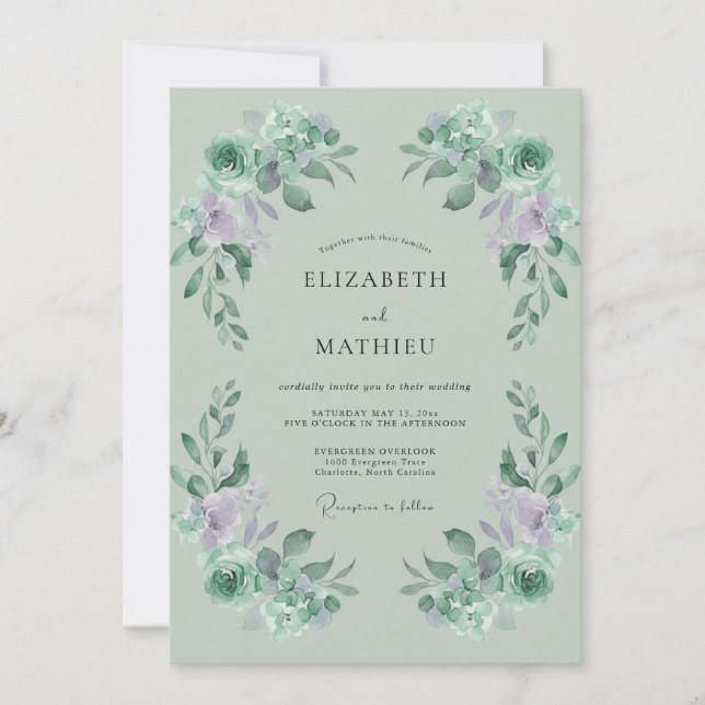 Flieder-Celadon-Blatt-Hochzeit Einladung (Vorderseite)
