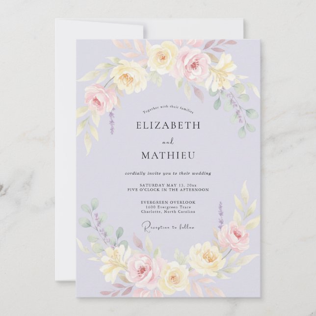 Flieder Creme Gemalte Hochzeit Einladung (Vorderseite)