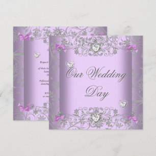 Flieder-Damaskus-Hochzeit Silber-Diamant-Herzen Einladung