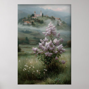 Flieder-Druck eines blühenden Baumes, Antike Frühl Poster