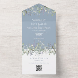 Flieder Floral Dusty Blue Monogramm QR-Code Hochze All In One Einladung