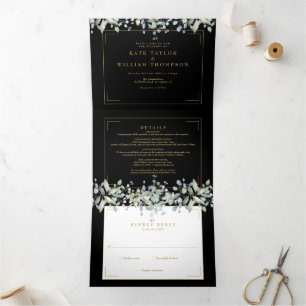 Flieder Floral Schwarz und Gold Monogramm Foto Hoc Dreifach Gefaltete Einladung