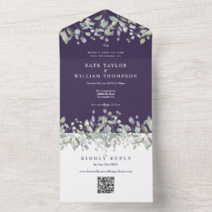 Flieder Florales Lila Monogramm QR-Code Hochzeit All In One Einladung