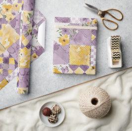 Flieder Gelber Quilt Gingham Cottagecore Floral Geschenkpapier