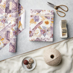 Flieder Gelber Quilt Gingham Cottagecore Floral Geschenkpapier