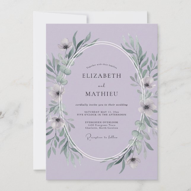 Flieder-Hochzeit mit Blättern Einladung (Vorderseite)