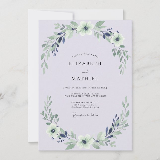 Flieder Indigo Blatt Hochzeit Einladung (Vorderseite)